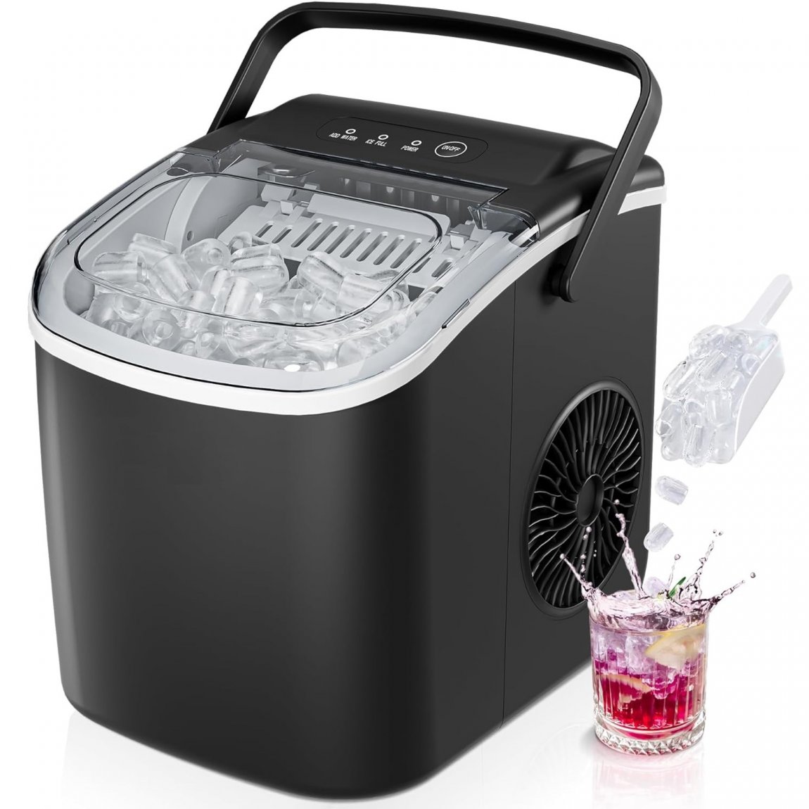 Countertop Ice Maker Machine with Handle, 10K+ Bought in Past Month, Original Price: $56, Now: $47, 26lbs in 24Hrs, 9 Ice Cubes Ready in 6 Mins, Auto-Cleaning Portable Ice Maker with Basket and Scoop, for Home/Kitchen/Camping/RV. (Black)