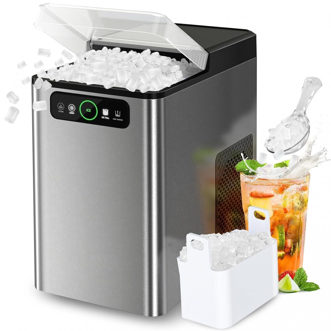 Nugget Ice Maker Countertop, Pellet Ice Machine Soft Chewable Ice 40lbs/Day, One-Click Operation, Auto Self-Cleaning Crushed Ice Makers Stainless with Scoop for Home / Kitchen / Office - Grey