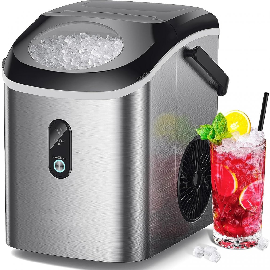 Nugget Ice Maker Countertop, 34lbs/24H Pebble Ice Machine, Self-Cleaning Sonic Ice Maker with Basket & Scoop, Compact Pellet Ice Maker for Home/Office/Kitchen/RV/Party, Stainless Steel Silver