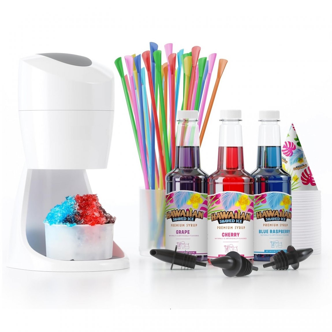 10K+ Bought in Past Month, Original price: $59, Now: $42. Shaved Ice Maker Kit - Home Snow-Like Dessert Machine for Kids with Cherry, Grape, Blue Raspberry Syrups - 25 Cups, Spoon Straws & Bottle Pourers - Silky Smooth Frozen Treat System