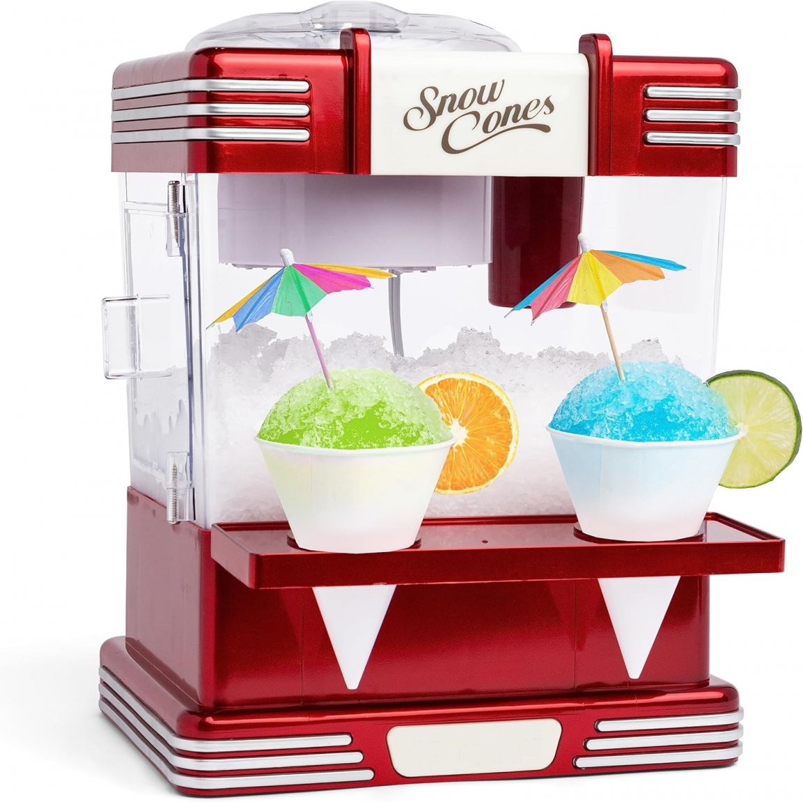 7K+ Bought in Past Month, Original price: $49, Now: $27. Snow Cone Shaved Ice Machine - Retro Table-Top Slushie Machine Makes 20 Icy Treats - Includes 2 Reusable Plastic Cups & Ice Scoop - Retro Red